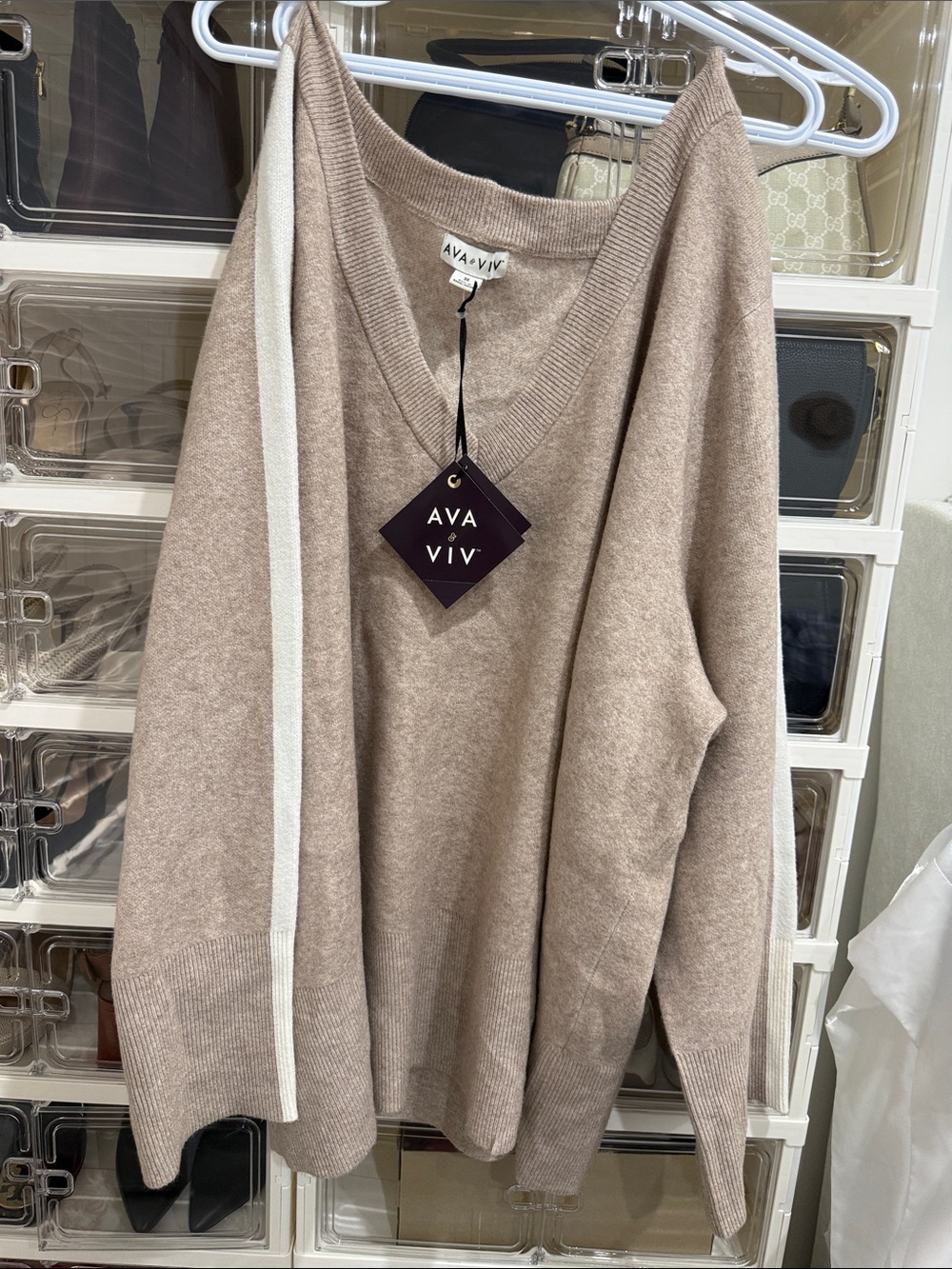 Ava & Viv Taupe V-Neck Sweater with Cream Stripe
